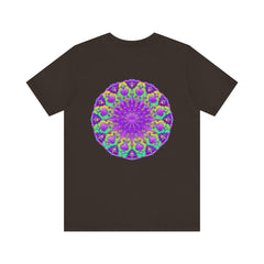 Vibrant purple mandala tee with intricate spiritual design promoting peace and harmony