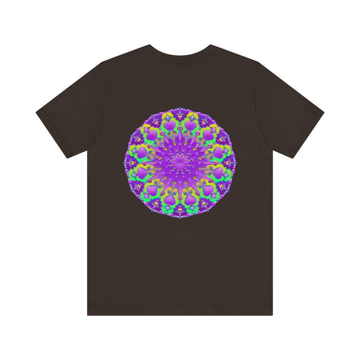 Vibrant purple mandala tee with intricate spiritual design promoting peace and harmony