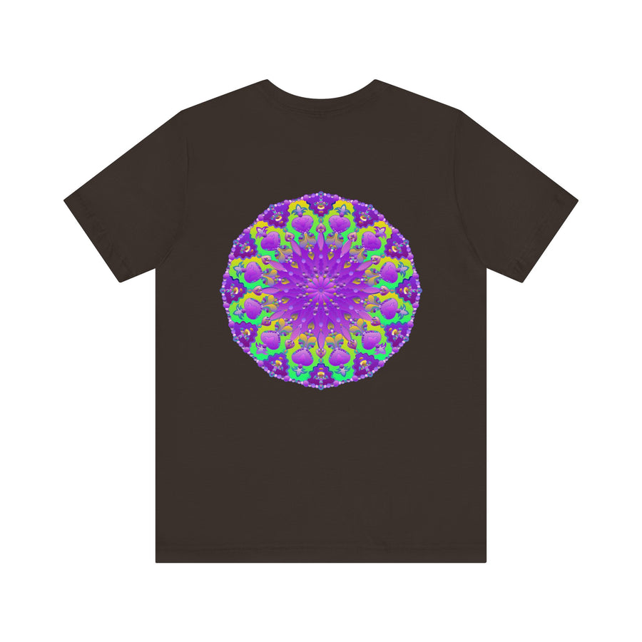 Vibrant purple mandala tee with intricate spiritual design promoting peace and harmony