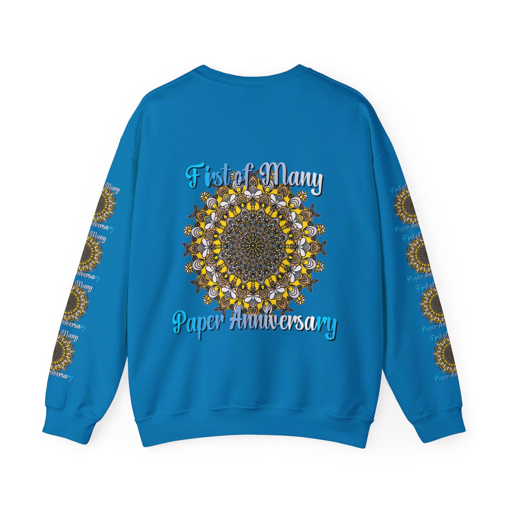 Unisex heavy blend crewneck sweatshirt with 'First of Many, Paper Anniversary' design