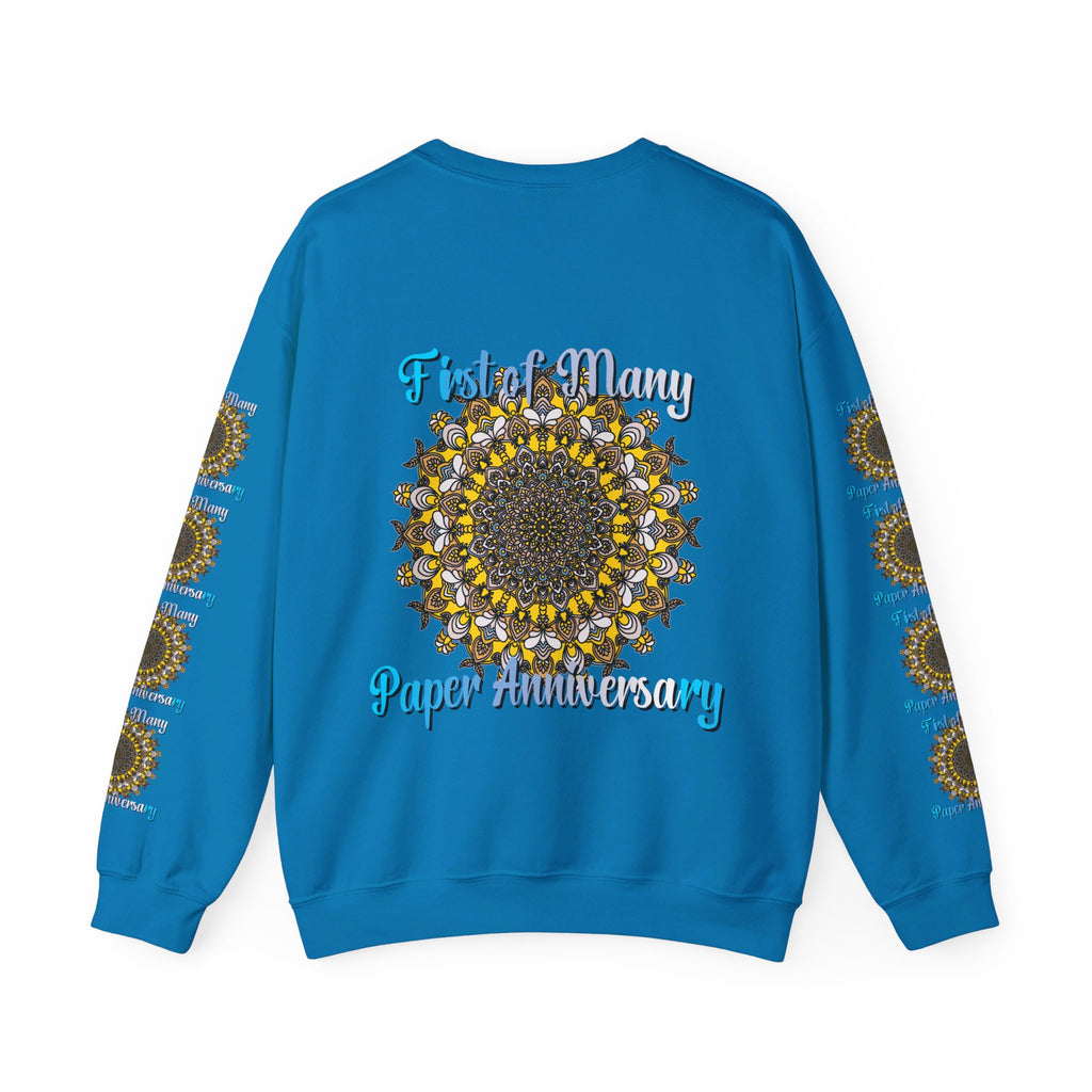 Unisex heavy blend crewneck sweatshirt with 'First of Many, Paper Anniversary' design