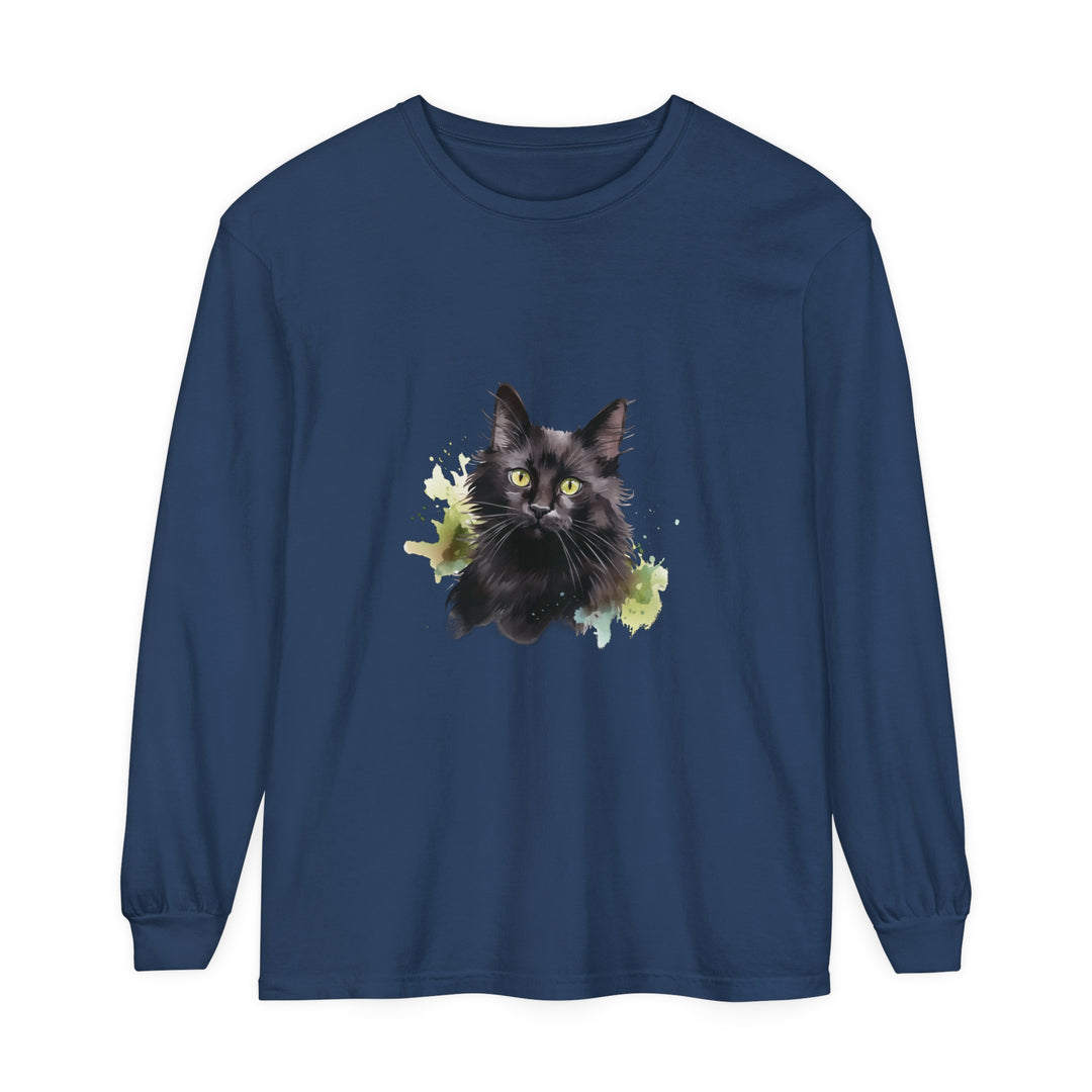 A long sleeve t-shirt with a watercolor splash design featuring a black cat