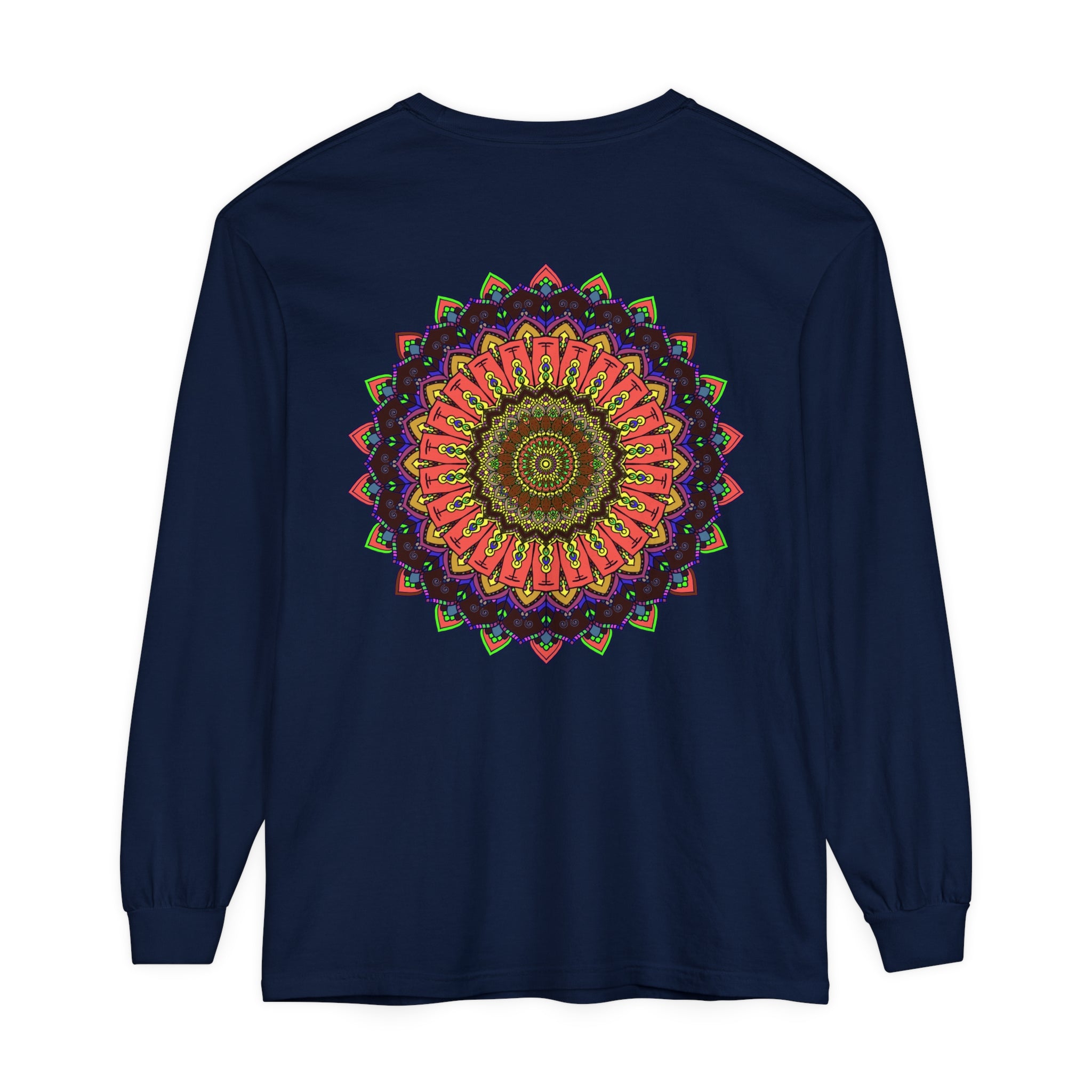 Colorful long sleeve T-shirt featuring an intricate mandala design in vibrant colors