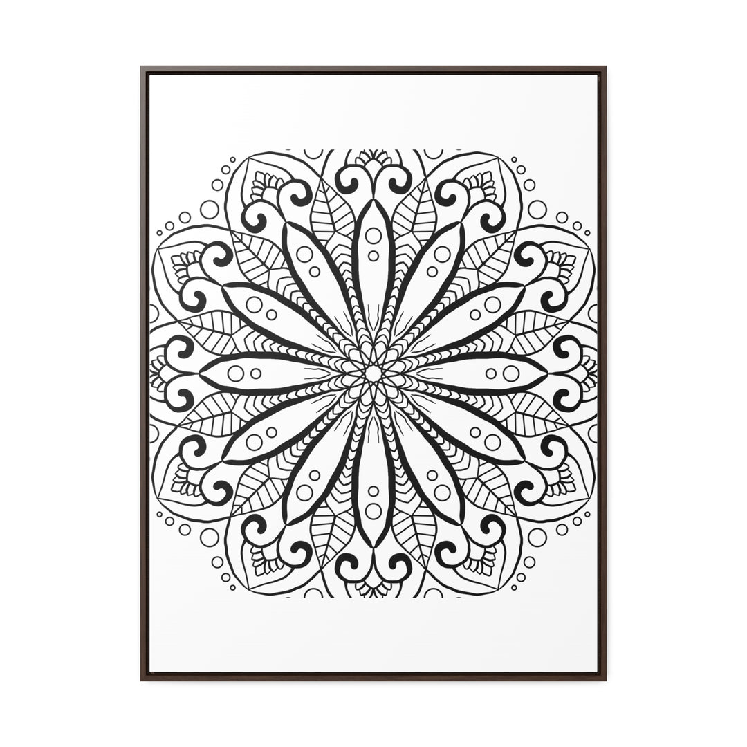 Handcrafted mandala art in black and white, displayed on gallery canvas wraps with a vertical frame for a stunning wall decor option