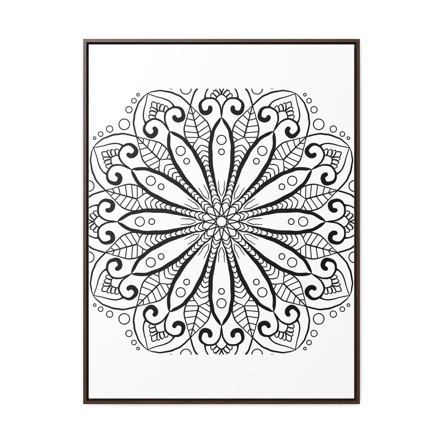 Handcrafted mandala art in black and white, displayed on gallery canvas wraps with a vertical frame for a stunning wall decor option