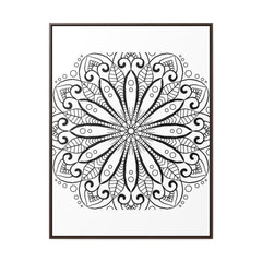 Handcrafted mandala art in black and white, displayed on gallery canvas wraps with a vertical frame for a stunning wall decor option
