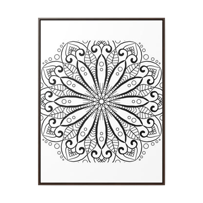 Handcrafted mandala art in black and white, displayed on gallery canvas wraps with a vertical frame for a stunning wall decor option