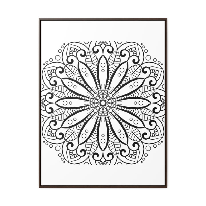 Handcrafted mandala art in black and white, displayed on gallery canvas wraps with a vertical frame for a stunning wall decor option