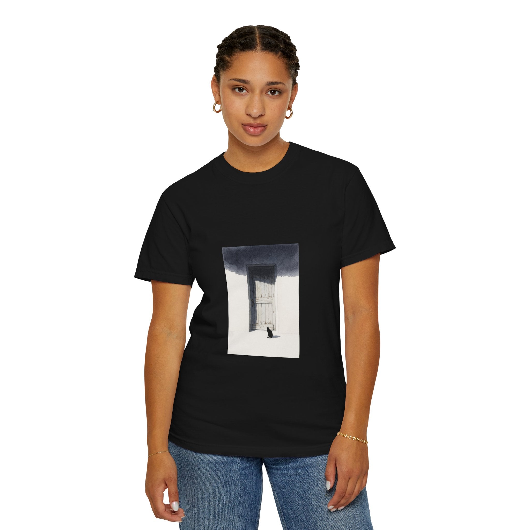 T-Shirt — Minimal Art Cat at Door Graphic Tee