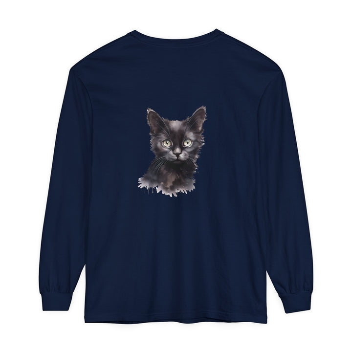 Black Cat Watercolor Long Sleeve T-Shirt featuring a vibrant watercolor design of a black cat on a comfortable long sleeve tee