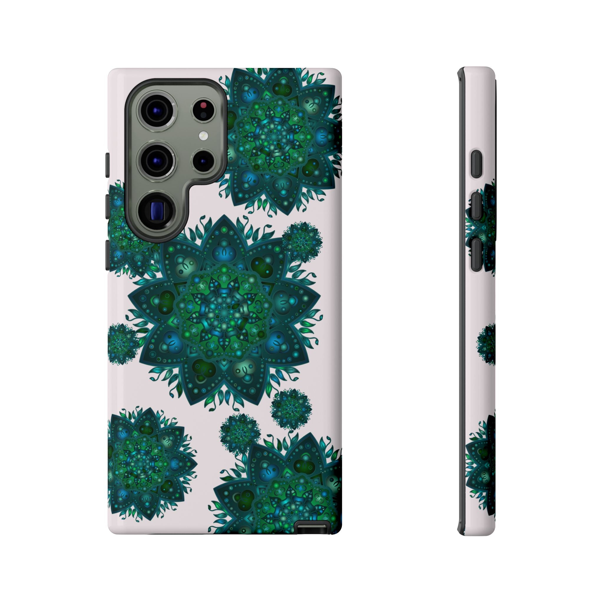 Beautiful light pink and green mandala phone case featuring a peaceful and intricate design