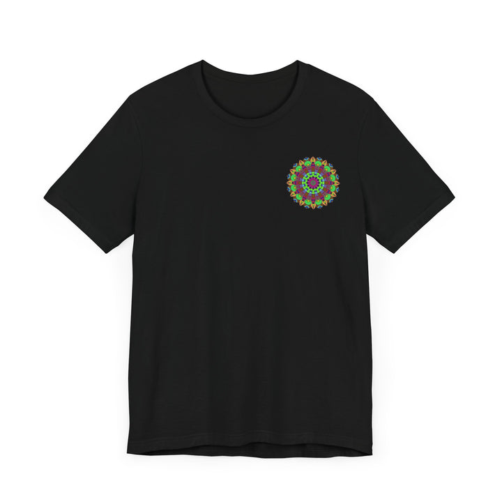 Colorful and intricate mandala design on a vibrant t-shirt, promoting peace and harmony through beautiful and symbolic artwork