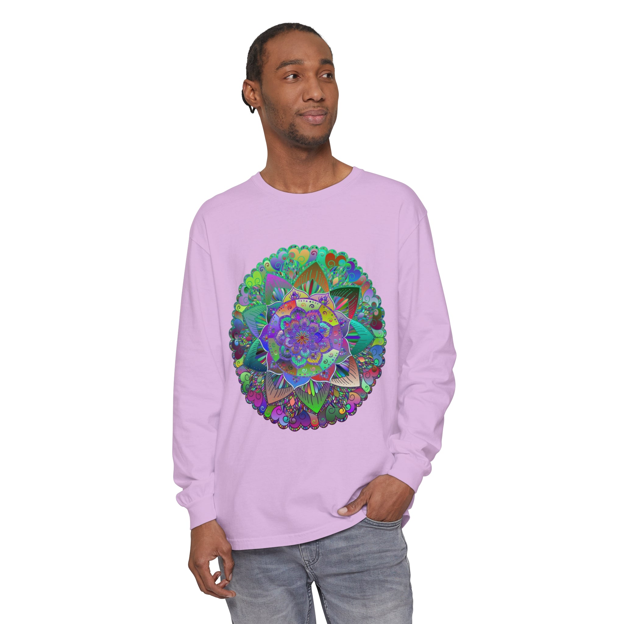 Colorful and intricate Vibrant Mandala design on a comfortable unisex long sleeve t-shirt