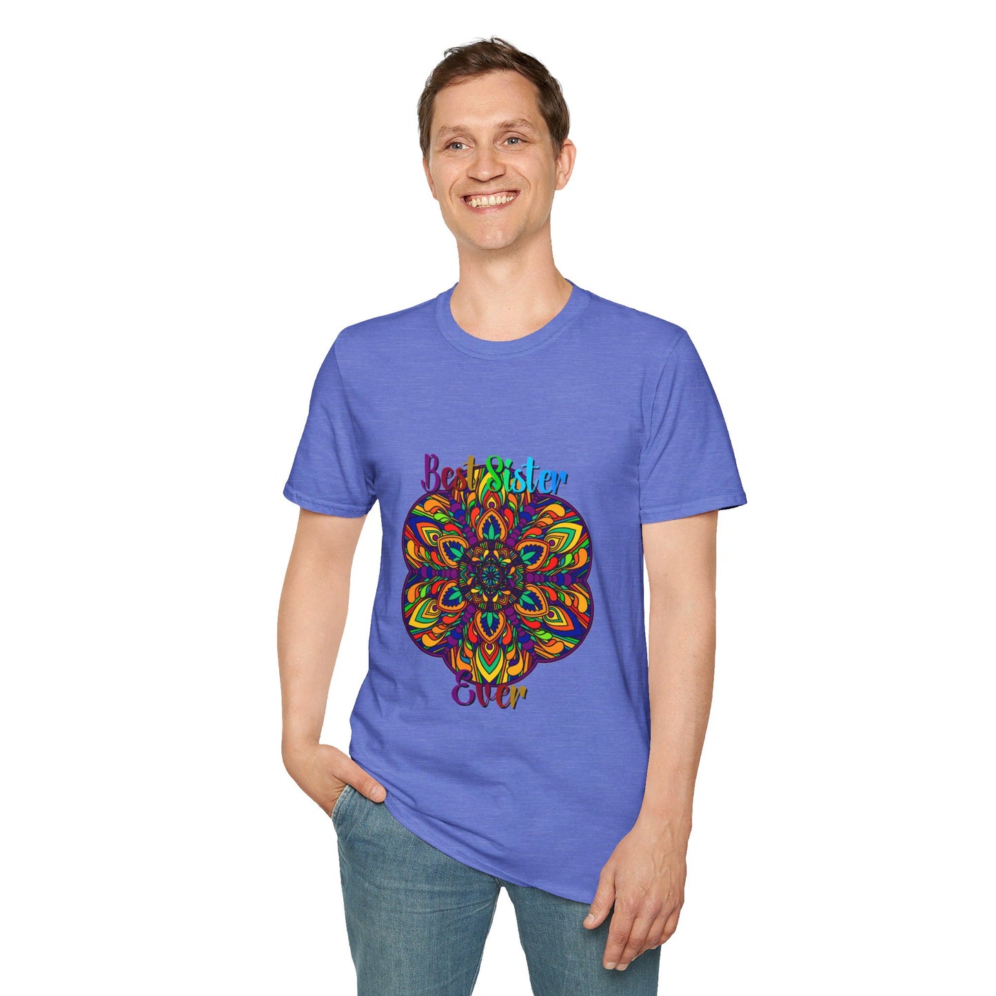 Softstyle unisex t-shirt with hand-drawn mandala art, perfect gift for sister