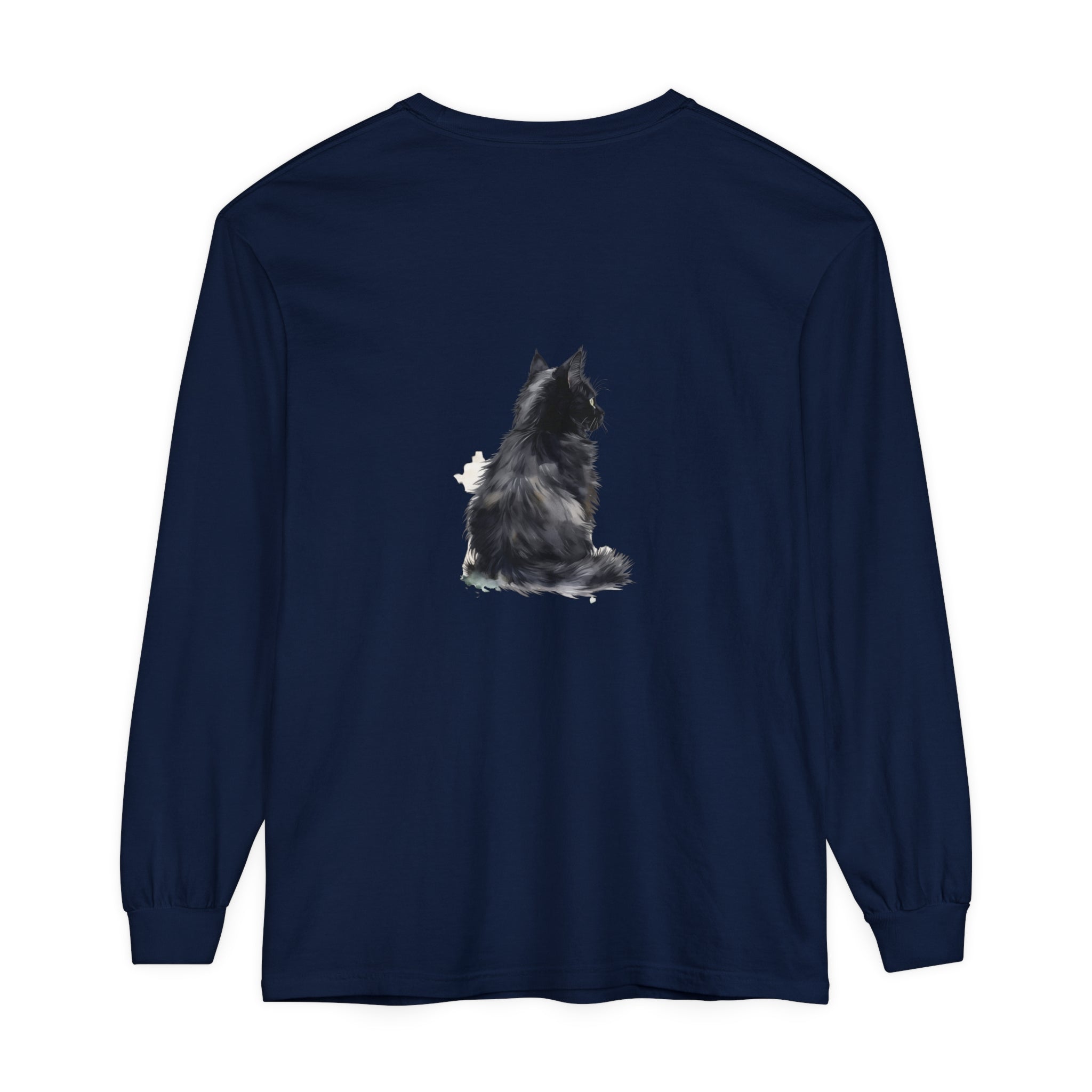 Beautiful watercolor illustration of a black and white cat on a long sleeve t-shirt