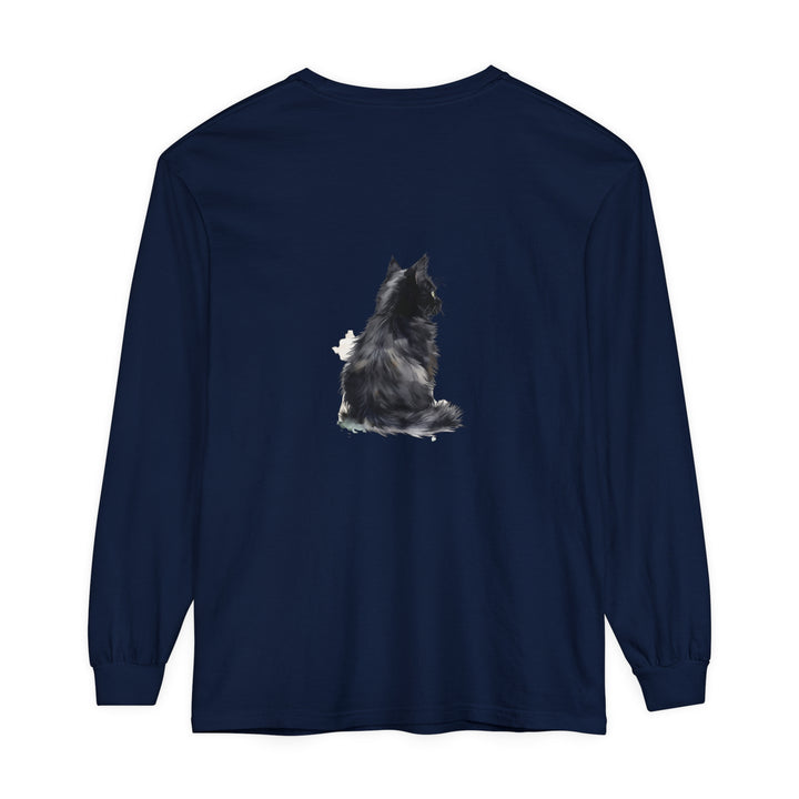 Beautiful watercolor illustration of a black and white cat on a long sleeve t-shirt