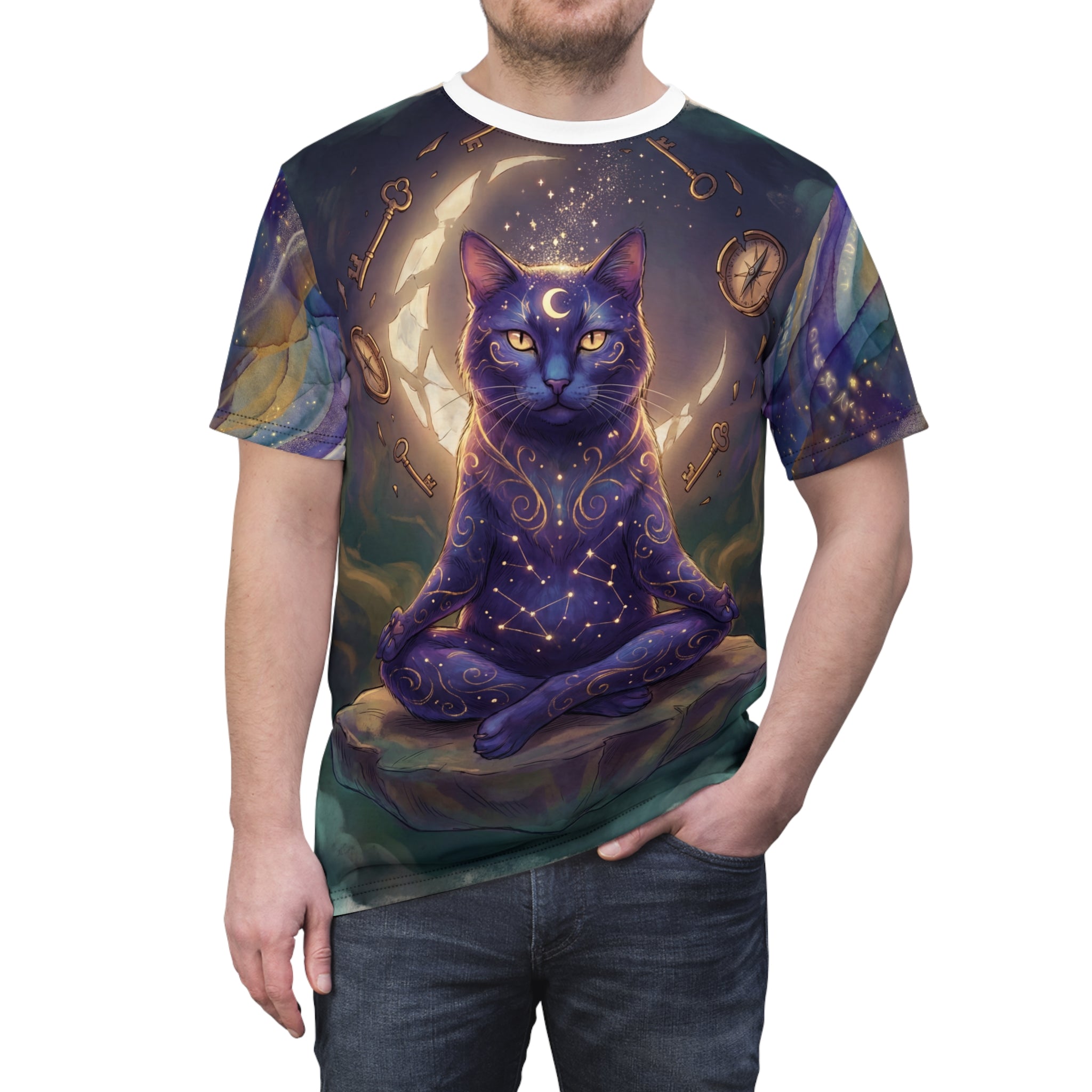 Cosmic Oracle Cat Tee - "Guidance & Intuition" Meditative Feline Graphic