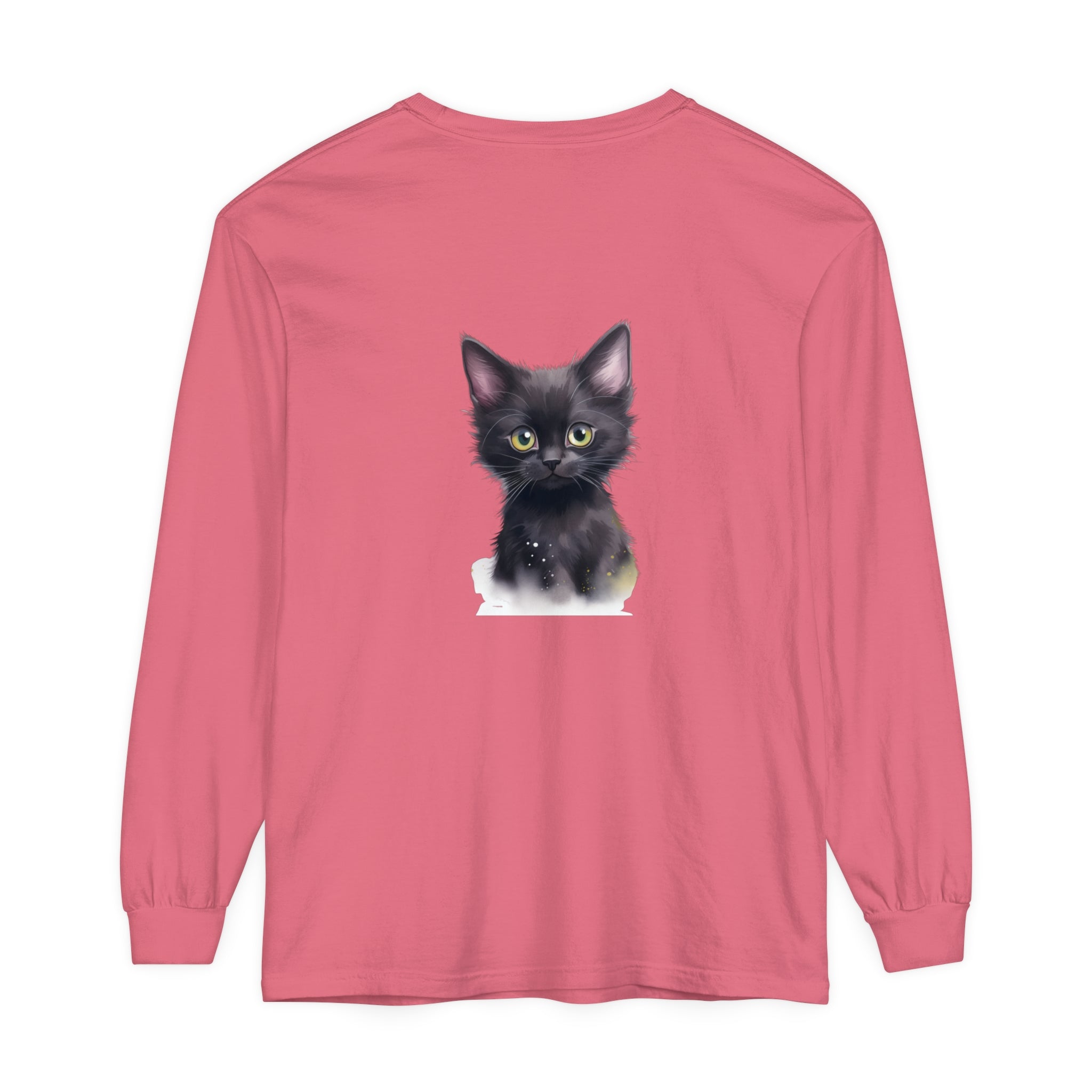 A close-up image of a cute black kitten with striking green eyes printed on a comfortable and stylish t-shirt