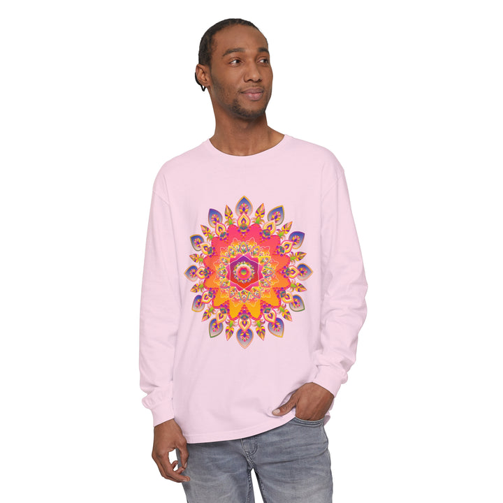 Colorful and intricate mandala design on a unisex long sleeve t-shirt