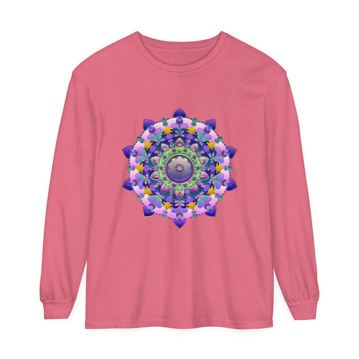 Colorful and intricate mandala design on a unisex long sleeve t-shirt