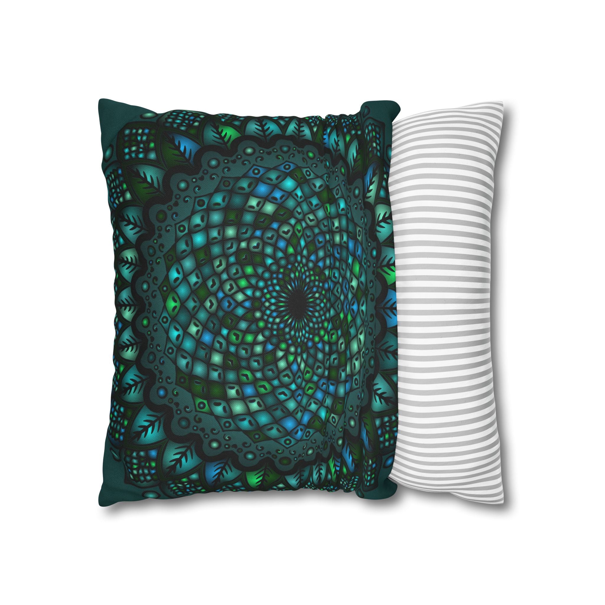 Spun Polyester Square Pillowcase Mandala Art in Petroleum Green