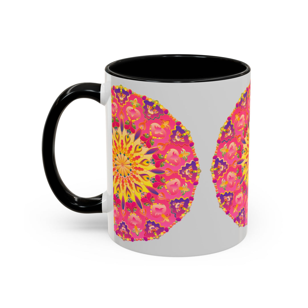 Unique pink, yellow, and green mandala pattern on a coffee mug