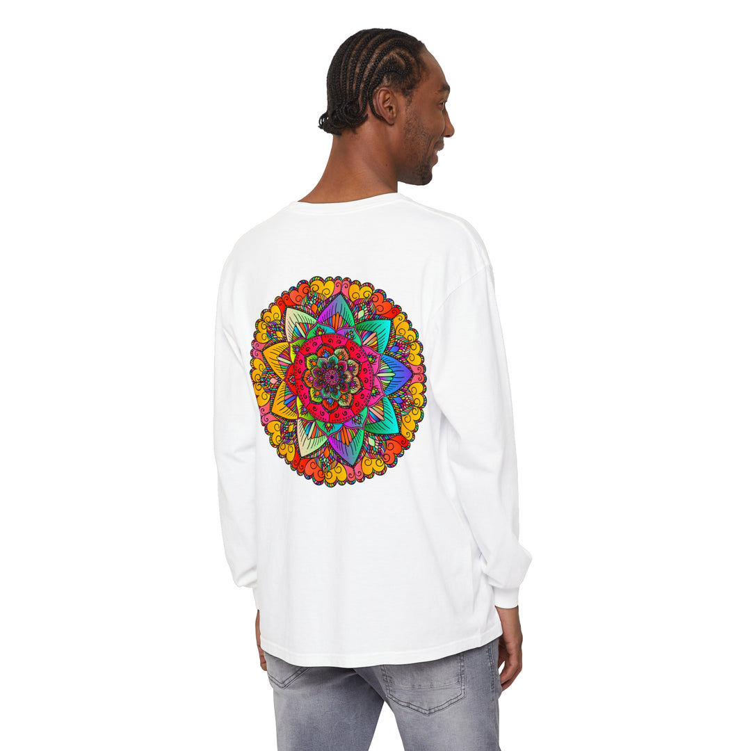 Vibrant and colorful mandala design on a unisex long sleeve t-shirt