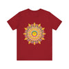 Colorful t-shirt featuring a vibrant mandala design, perfect for spiritual art lovers