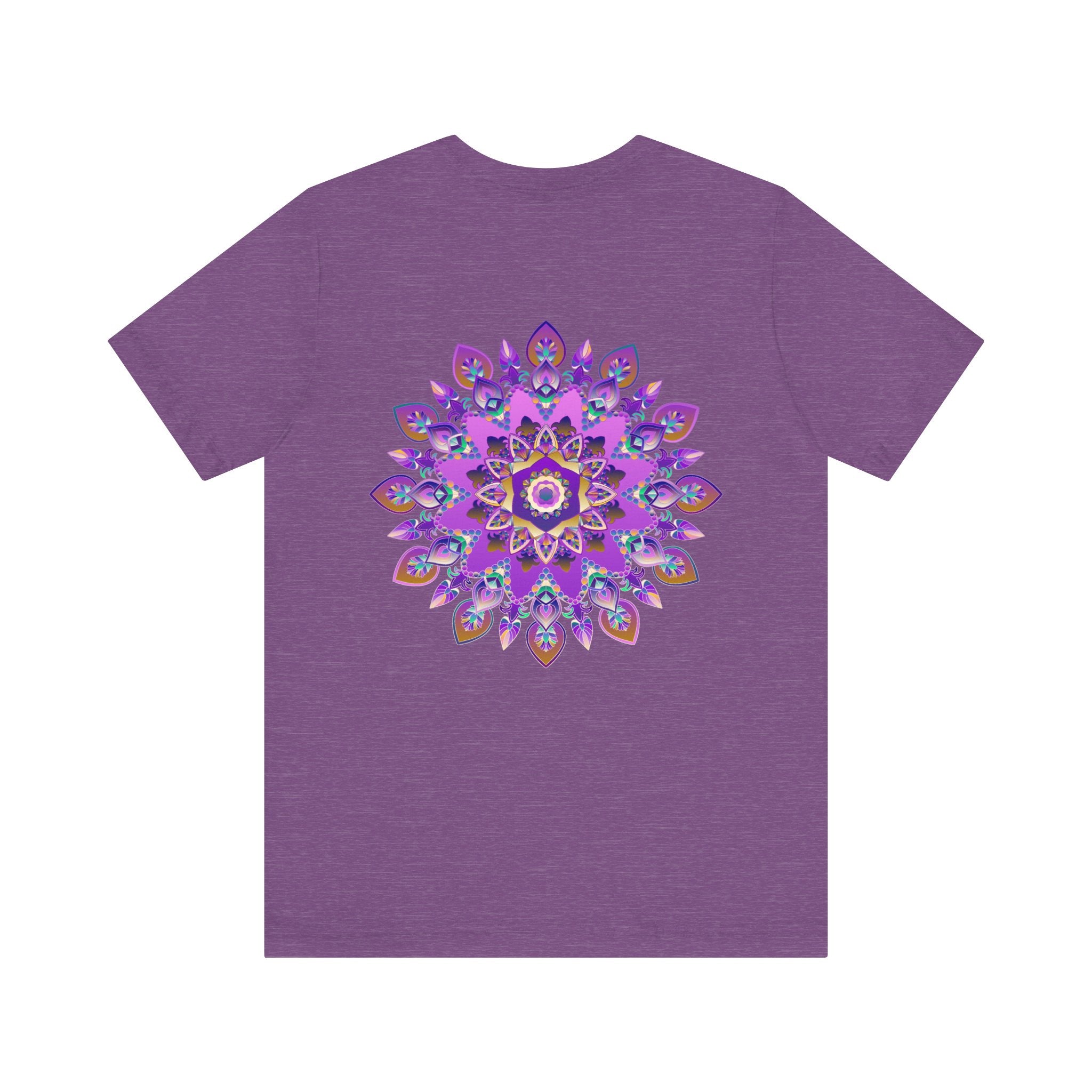 Beautiful purple mandala t-shirt with intricate spiritual design promoting peace and harmony