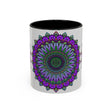 A beautiful and intricate Vibrant Mandala Mug featuring spiritual art
