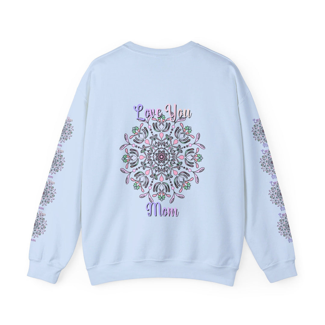 Black unisex heavy blend crewneck sweatshirt with 'Love You Mom' design, perfect birthday gift for mom