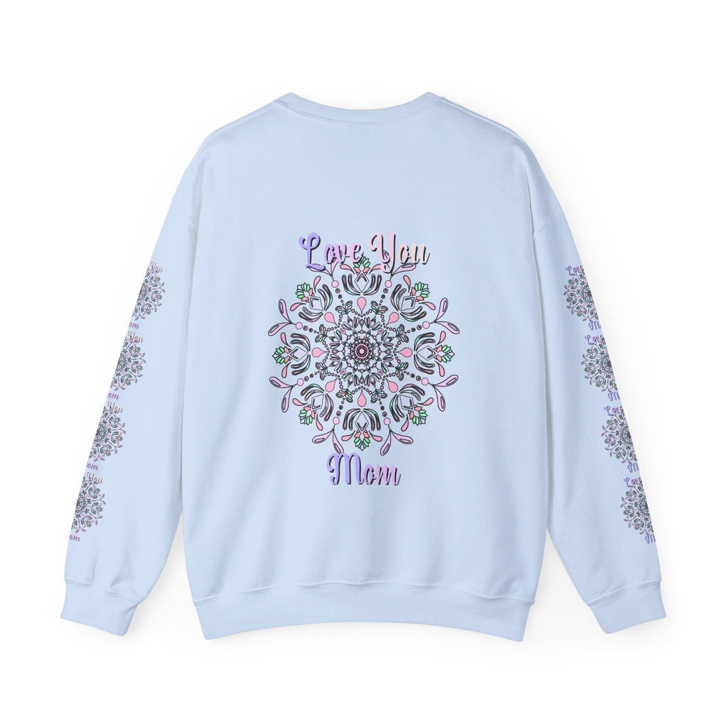 Black unisex heavy blend crewneck sweatshirt with 'Love You Mom' design, perfect birthday gift for mom