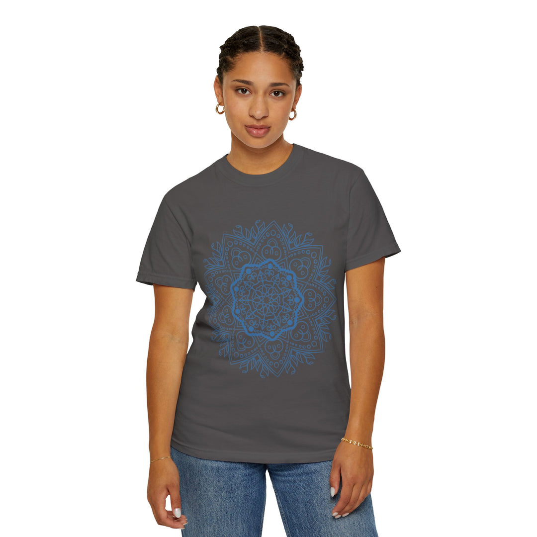 Colorful handmade mandala art t-shirt with intricate design on unisex garment-dyed tee