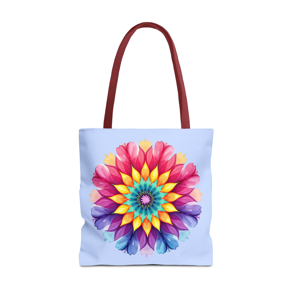 Colorful and vibrant Rainbow Mandala Tote Bag, perfect for carrying belongings