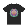 A colorful mandala tee with intricate designs, symbolizing spiritual peace and harmony