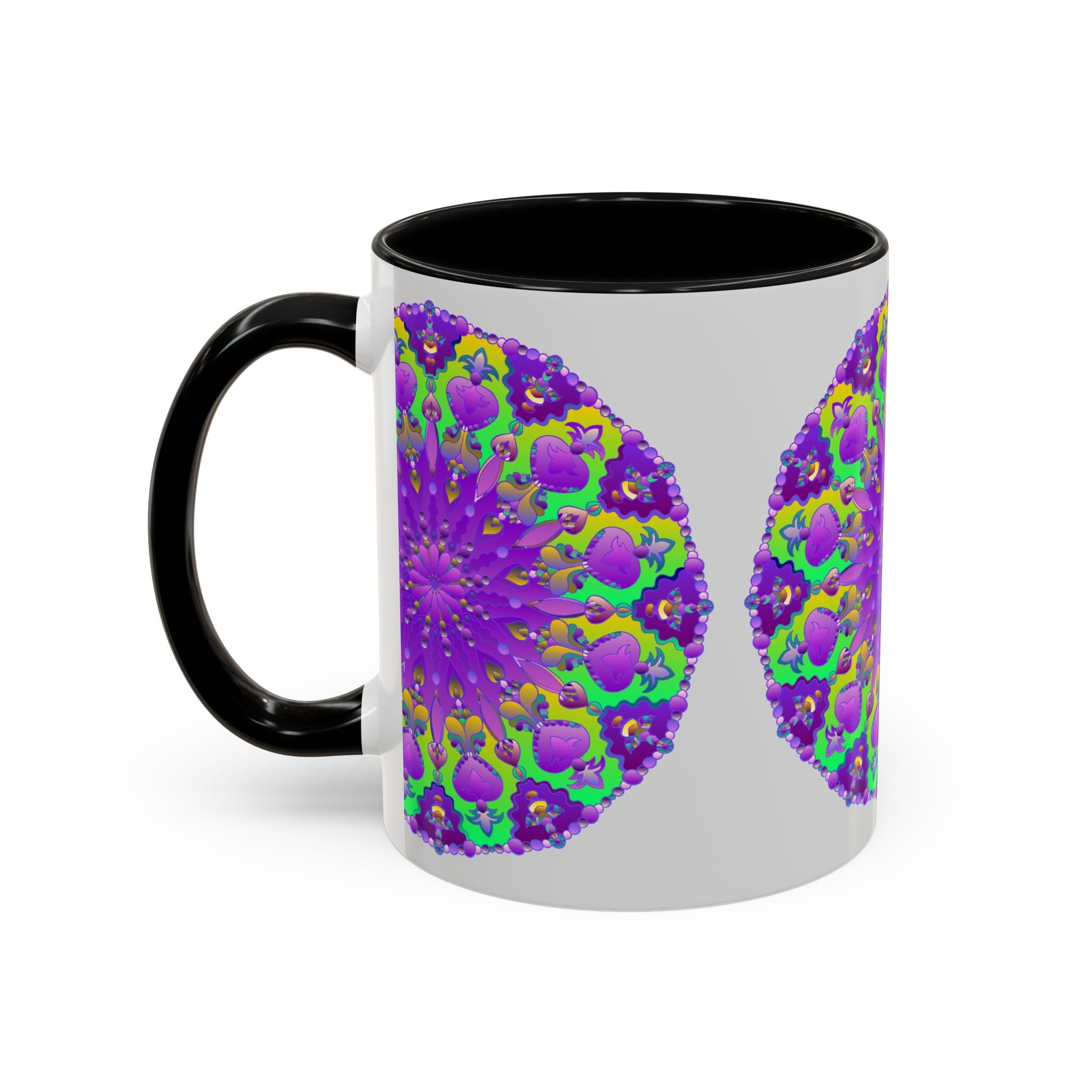 Beautiful purple mandala design on a grey mug, perfect for adding artful vibrancy to your morning coffee routine