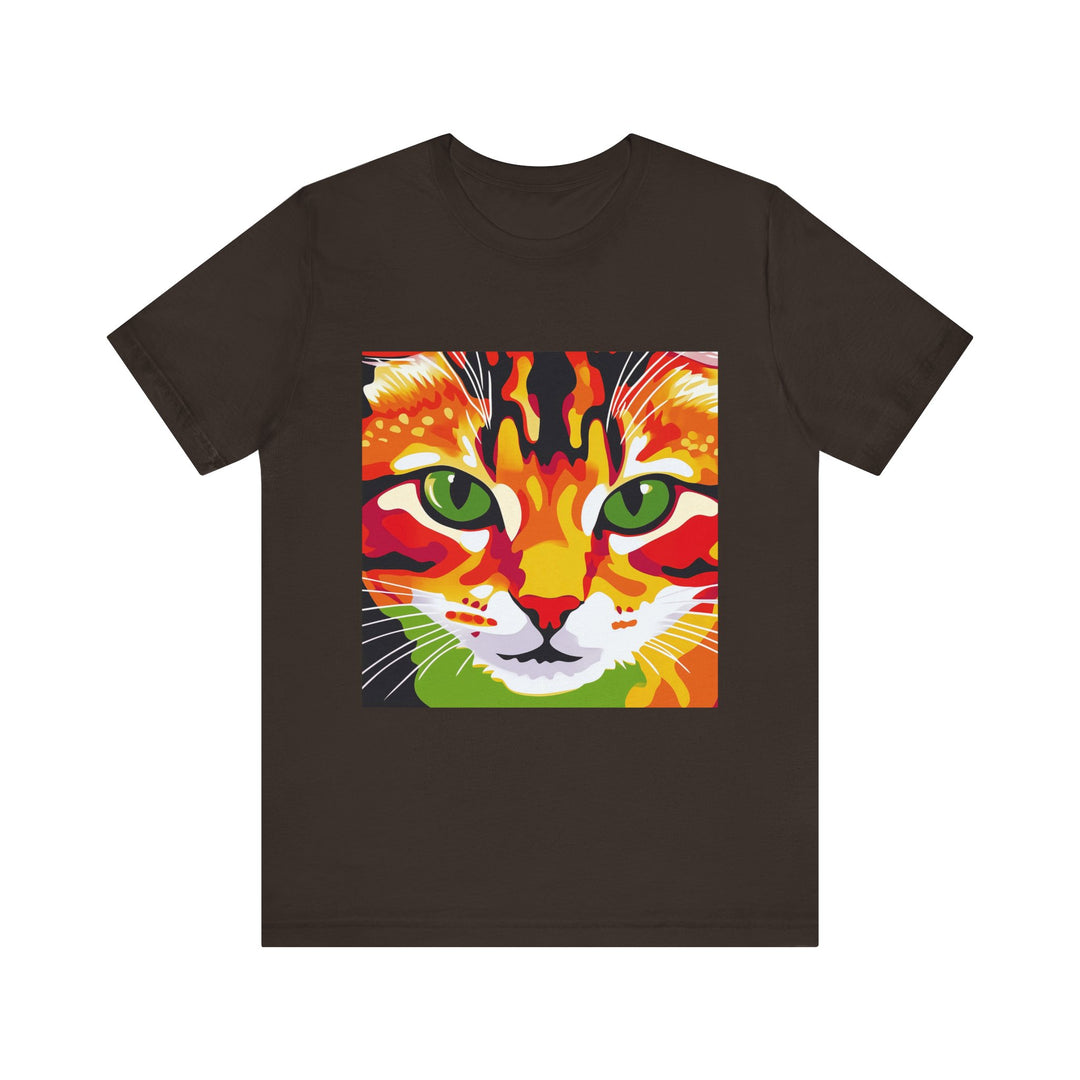 Vibrant and colorful abstract art image of a Savanna cat printed on a high-quality t-shirt, perfect for animal lovers and art enthusiasts