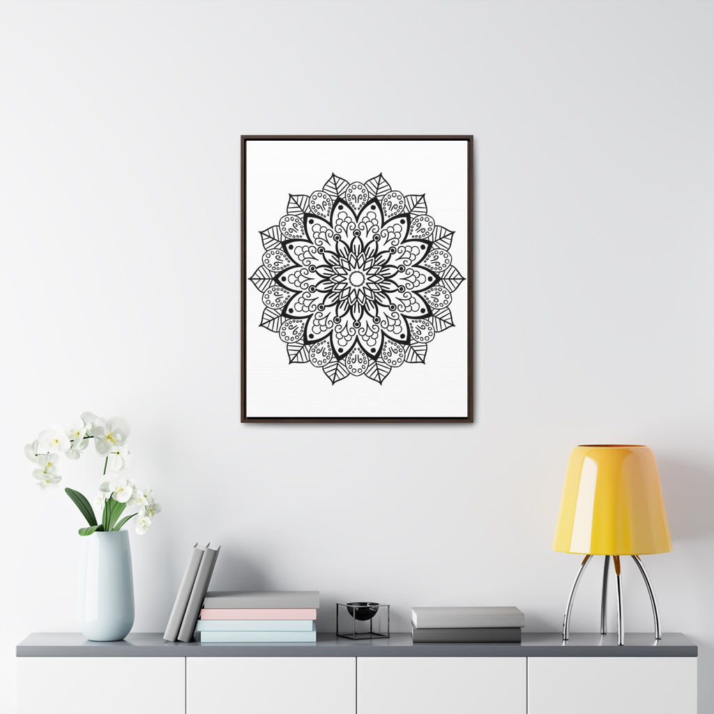 Handcrafted black and white mandala wall art on gallery canvas wraps in vertical frame