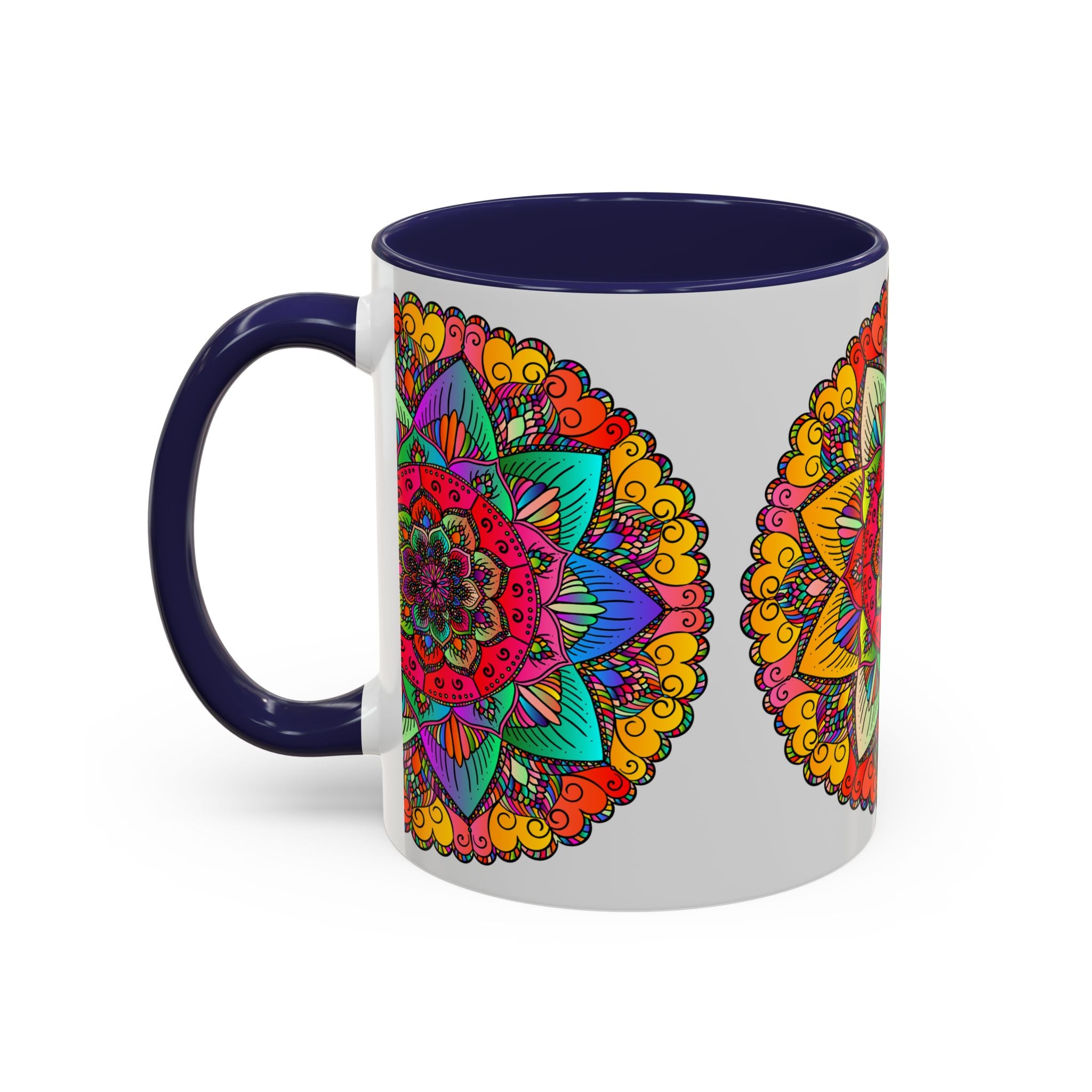 Colorful and intricate mandala art design on ceramic mug perfect for enjoying your favorite hot beverage