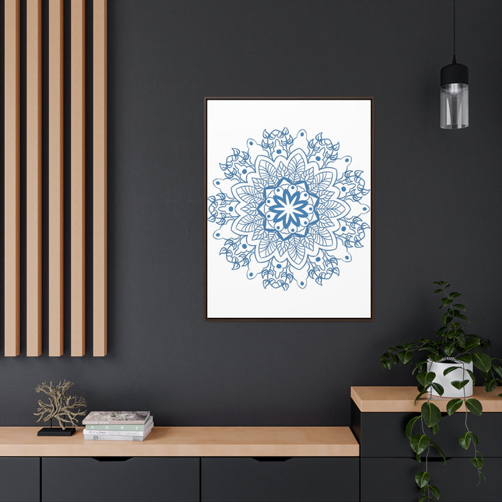 Beautiful handmade steel blue Mandala Design Wall Art on gallery canvas wraps, presented in a vertical frame