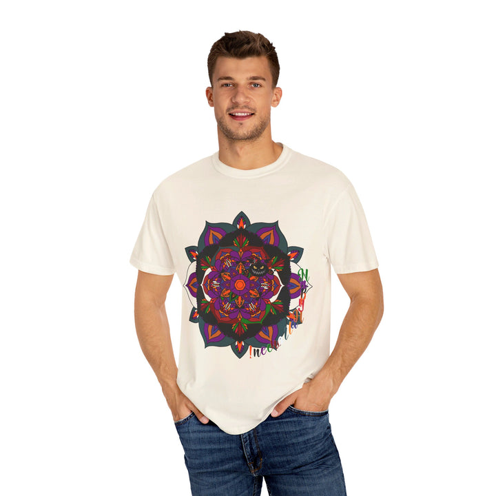 A unisex Halloween Mandala T-shirt featuring handmade pumpkin mandala art, garment-dyed for a unique look