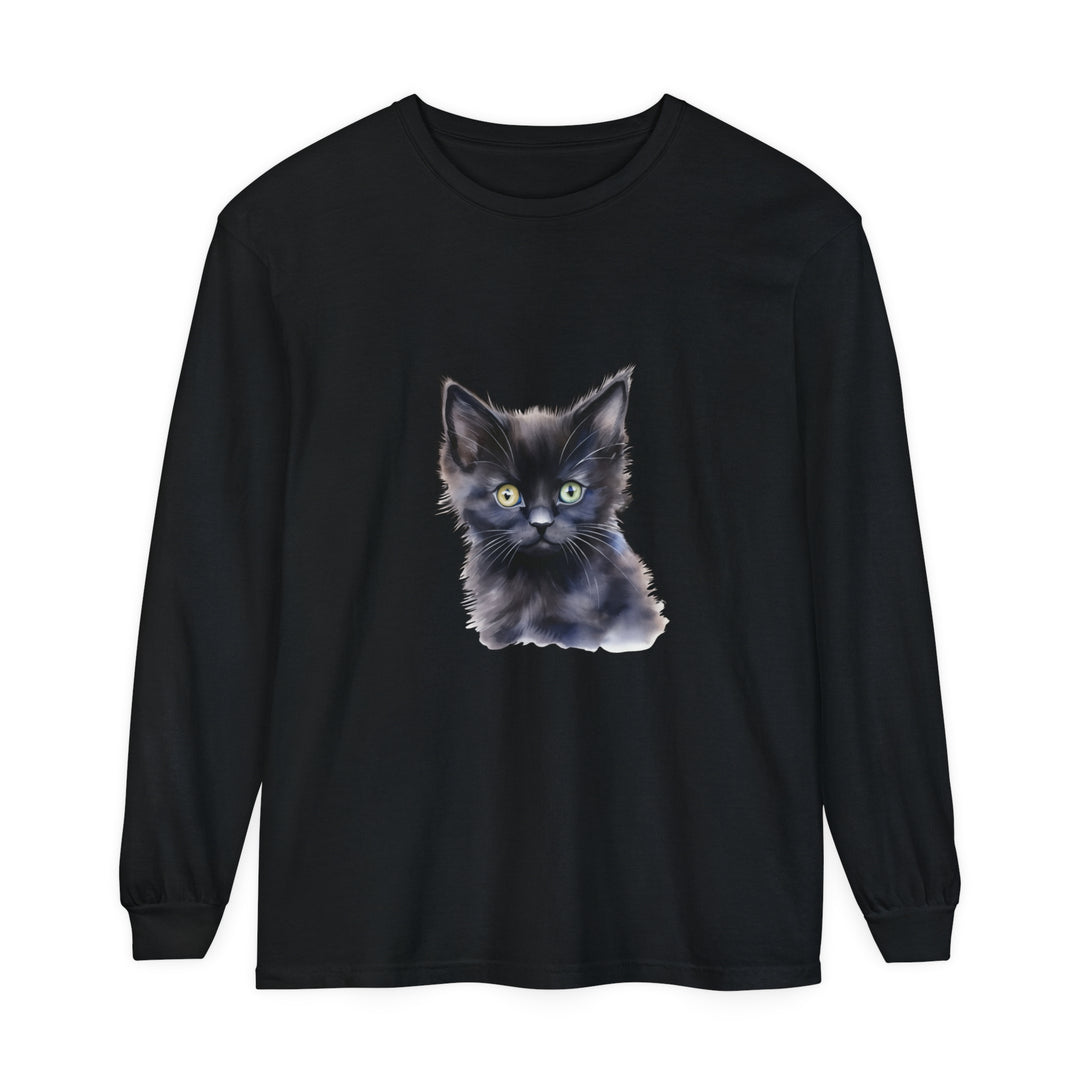 A close-up image of a Mystical Kitten unisex long sleeve t-shirt in black with a vibrant and intricately detailed design featuring a mystical kitten surrounded by stars and celestial elements