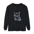 A close-up image of a Mystical Kitten unisex long sleeve t-shirt in black with a vibrant and intricately detailed design featuring a mystical kitten surrounded by stars and celestial elements