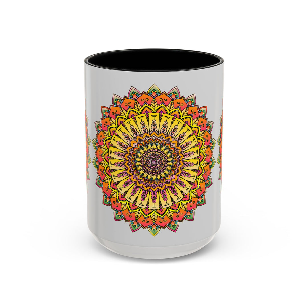 Vibrant mandala mug featuring colorful art on a grey background, perfect for adding a pop of color to your morning routine