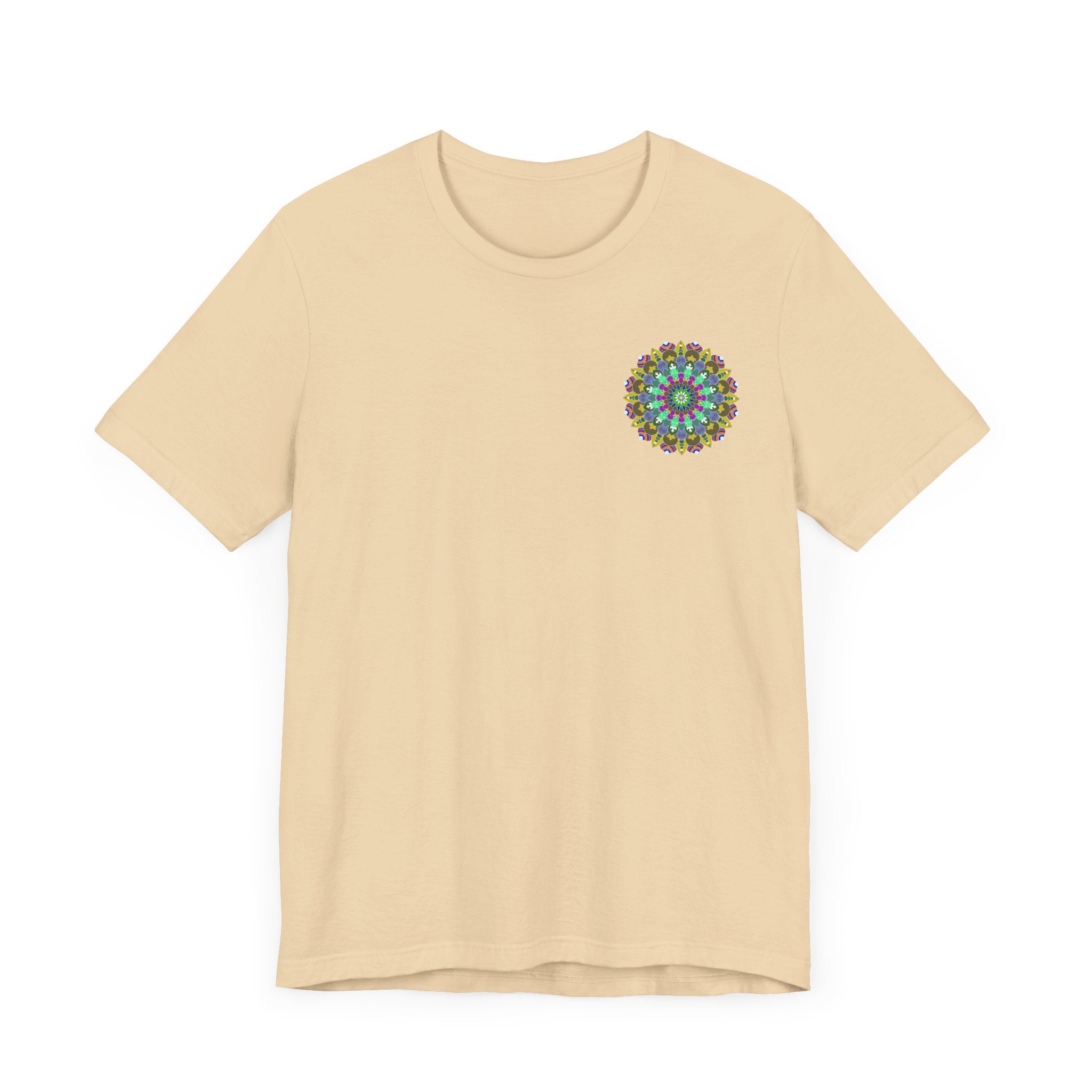 A colorful and intricate mandala design tee promoting spiritual peace and harmony