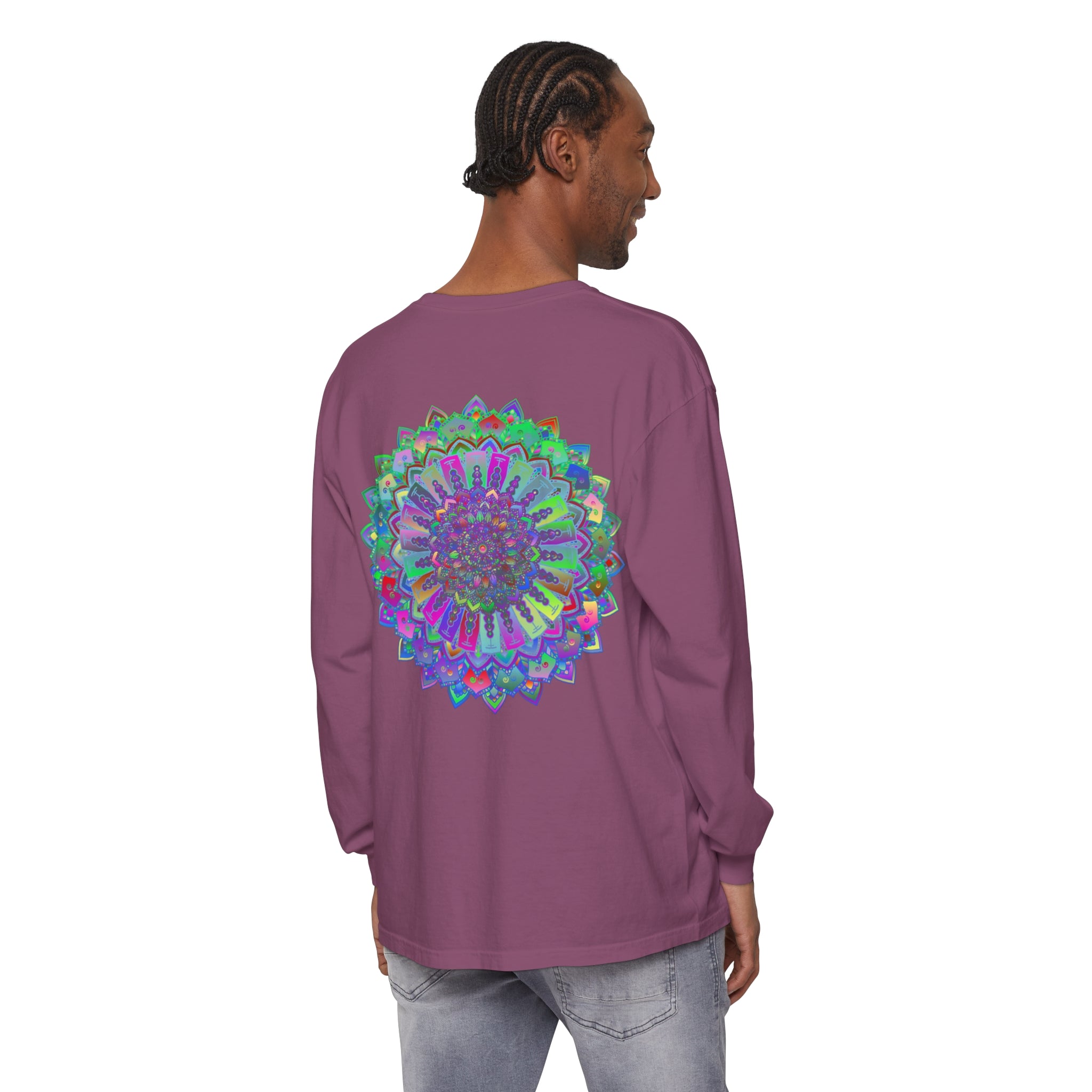 Colorful and intricate mandala design on a long sleeve T-shirt