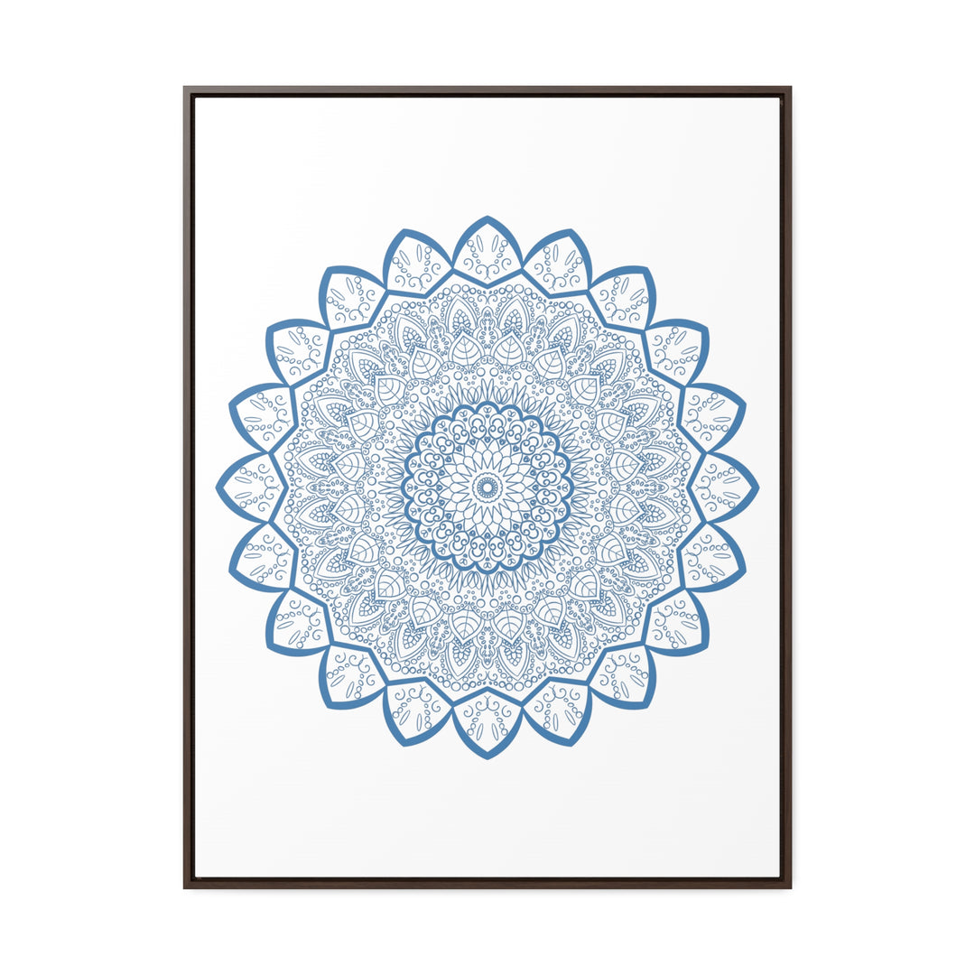 Beautiful handmade steel blue mandala design wall art on gallery canvas wraps, displayed in a vertical frame