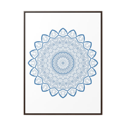 Beautiful handmade steel blue mandala design wall art on gallery canvas wraps, displayed in a vertical frame