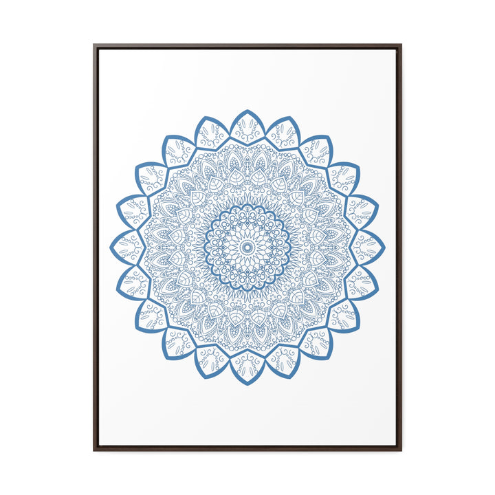 Beautiful handmade steel blue mandala design wall art on gallery canvas wraps, displayed in a vertical frame