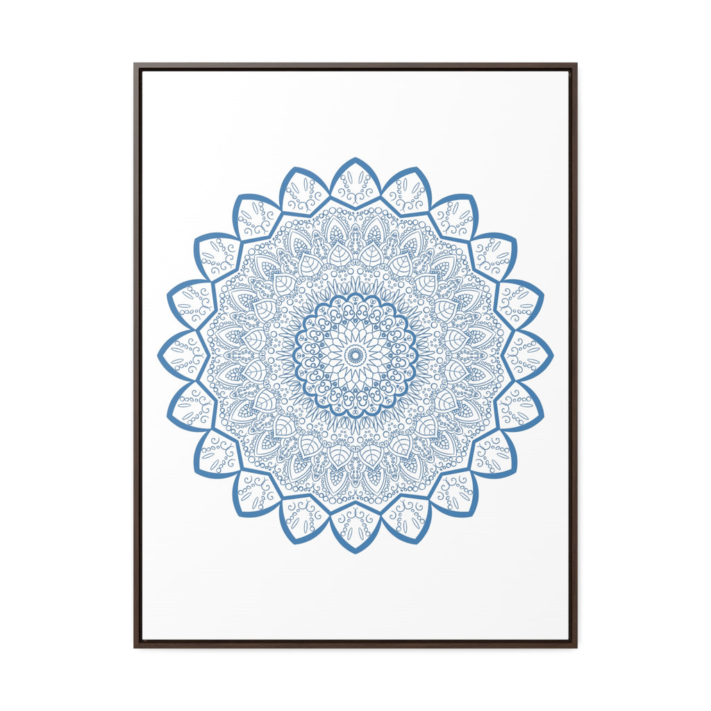 Beautiful handmade steel blue mandala design wall art on gallery canvas wraps, displayed in a vertical frame